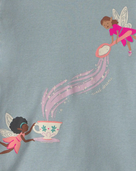 Baby Girl 4-Piece Fairy Tea Party 100% Cotton Snug Fit Pajama Set - Blue/Cream