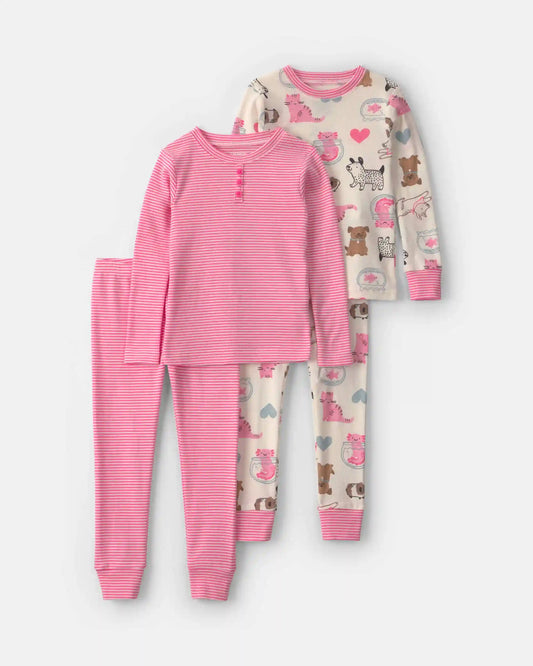 Baby Girl 4-Piece Pets 100% Cotton Snug Fit Pajama Set - Pink/Cream