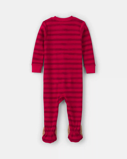 Baby 1-Piece Striped Reindeer 2-Way Zip 100% Cotton Snug Fit Footed Pajama - Red