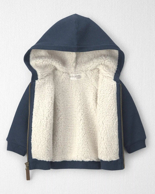 Baby Boy Recycled Teddy Fleece Waffle Knit Hooded Jacket Made with Organic Cotton