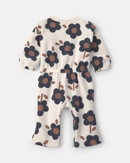 Baby Girl Floral Fleece Long-Sleeve Jumpsuit - Cream/Black/Brown