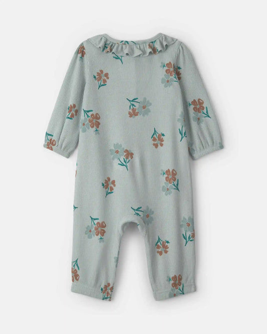 Baby Girl Floral Thermal Long-Sleeve Jumpsuit - Green