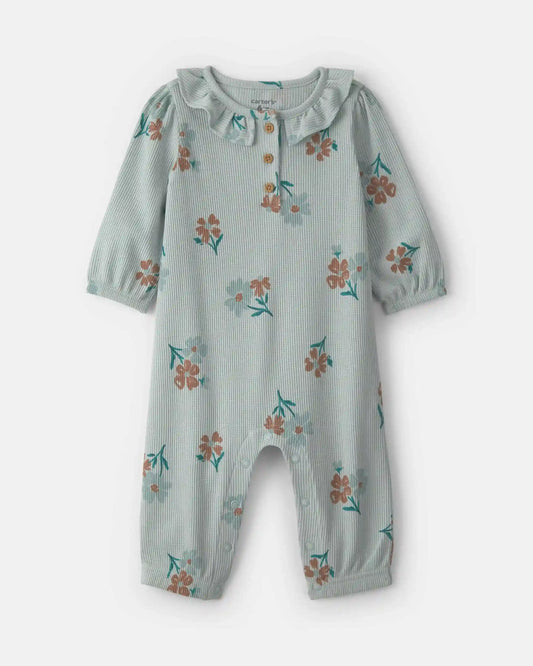 Baby Girl Floral Thermal Long-Sleeve Jumpsuit - Green