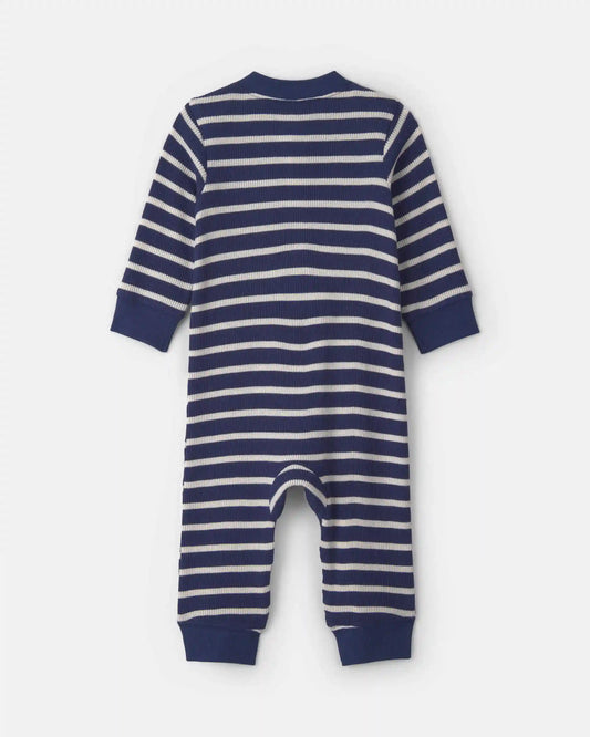 Baby Boy Striped Thermal Long-Sleeve Jumpsuit - Navy Blue