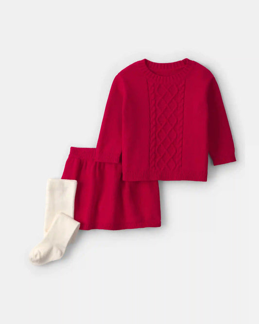Baby Girl 3-Piece Long-Sleeve Sweater Dress Set - Red