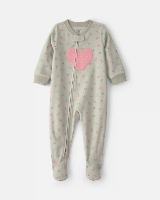 Baby Girl 1-Piece Heart 2-Way Zip Fleece Loose Fit Footed Pajama - Green