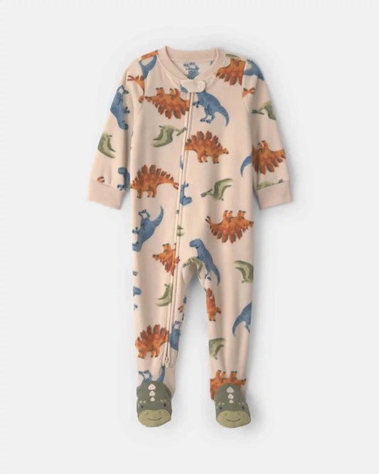 Baby Boy 1-Piece Dino 2-Way Zip Fleece Loose Fit Footed Pajama - Tan