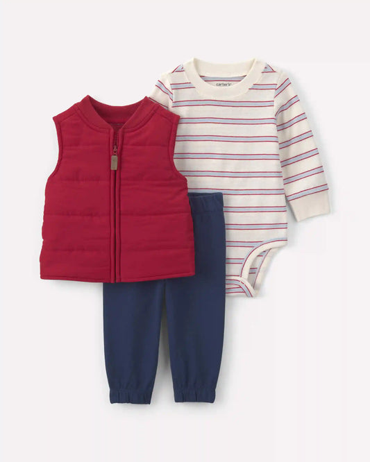 Baby Boy 3-Piece Striped Poplin Layering Set - Red/Navy Blue