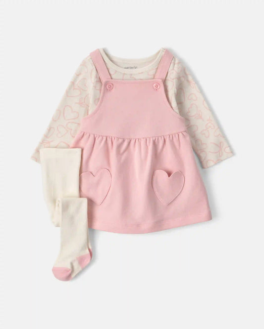 Baby Girl 3-Piece Heart Valentine's Day French Terry Long-Sleeve Dress Set - Pink/Cream
