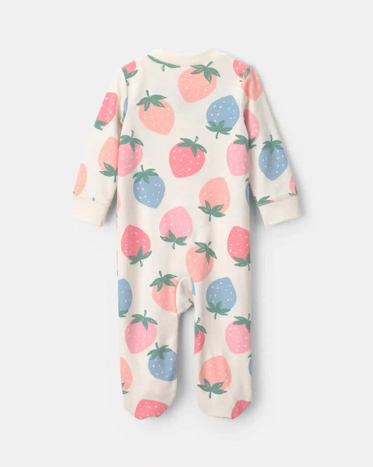 Baby Girl 2-Way Zip Strawberry Cotton Sleep & Play Pajamas - Cream/Blue/Coral