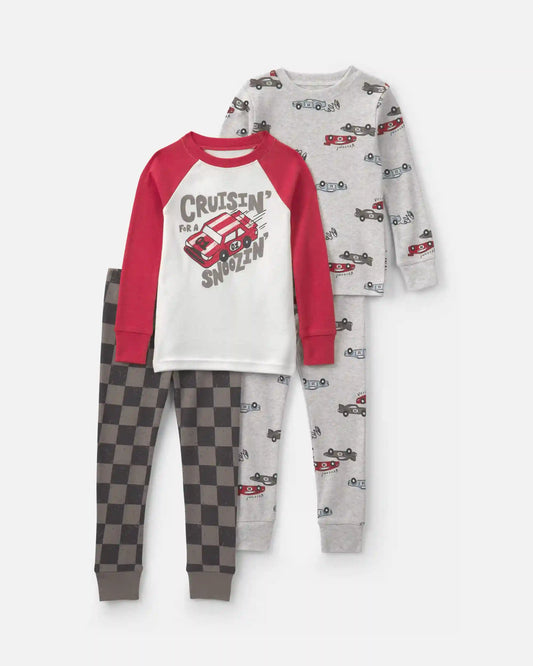 Baby Boy 'Cruisin' For A Snoozin' Race Car Snug Fit 4-Piece Pajama Set - Red/White