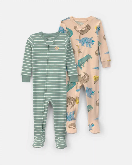 Baby Boy 2-Pack Dinosaur Striped Cotton Snug Fit 1-Piece Pajama - Green/Khaki