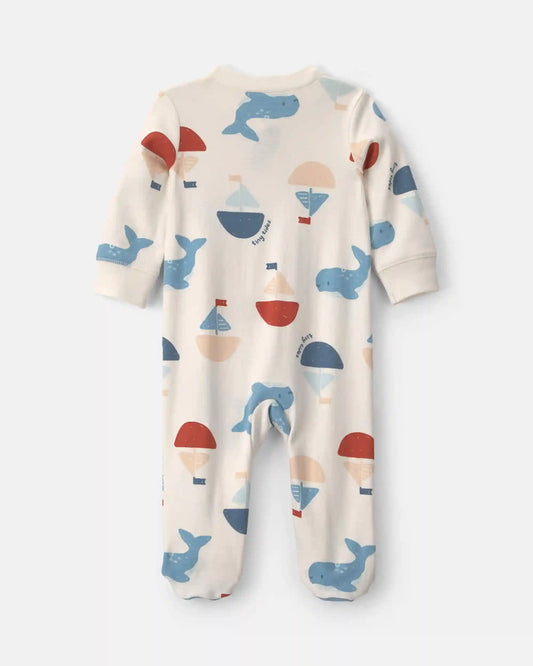 Baby Boy 2-Way Zip Sailboat Whale Cotton Sleep & Play Pajamas - Cream/Blue