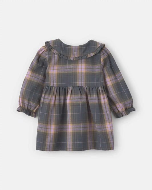 Baby Girl Plaid Peter Pan Collar Long-Sleeve Dress - Grey/Pink
