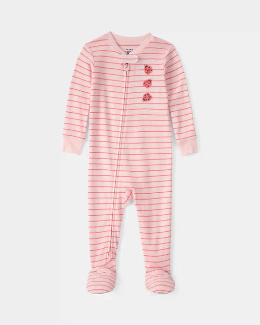 Toddler Girl Ladybug Striped 100% Cotton Snug Fit 1-Piece Pajama - Pink
