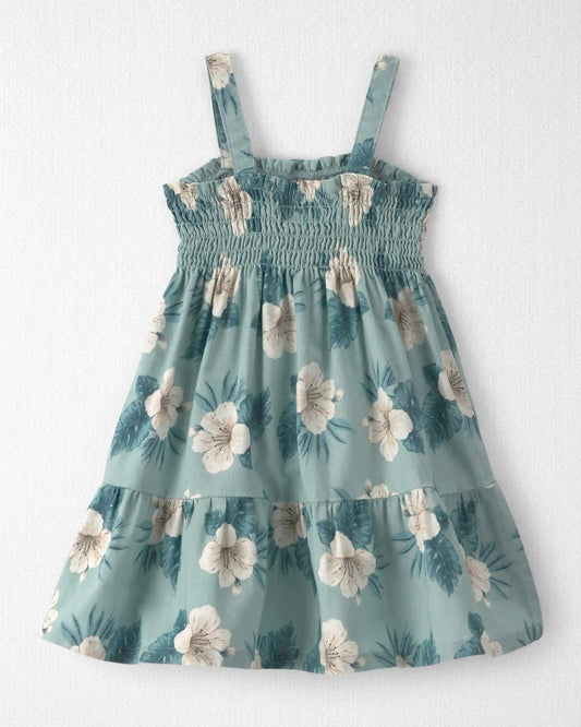 Toddler Girl Smocked Linen Dress Made with Organic Cotton in Blue Hibiscus