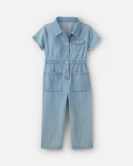 Toddler Girl Short-Sleeve Denim Jumpsuit - Light Wash