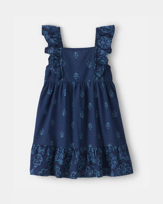 Toddler Girl Floral Ruffle-Sleeve Dress - Navy