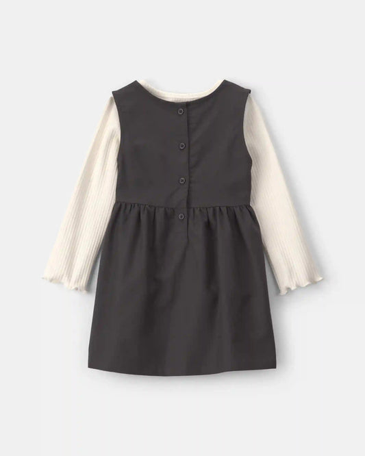Toddler Girl 2-Piece Bow Twill Long-Sleeve Dress Set - Black/Cream