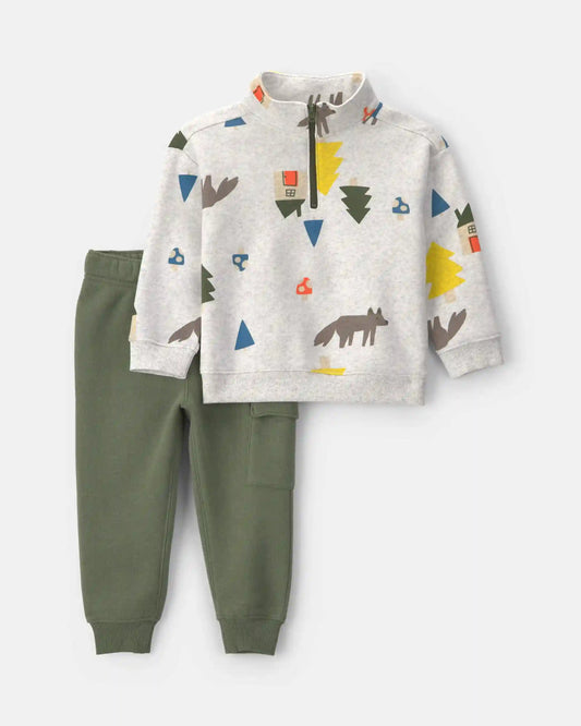 Toddler Boy 2-Piece Fox Fleece Pullover & Pant Set - Grey/Green