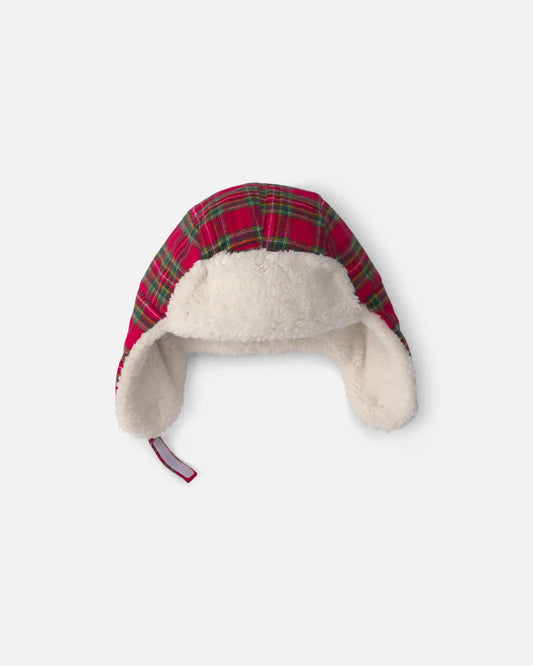 Toddler Boy Christmas Plaid Teddy Fleece Hat - Red