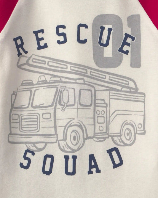 Toddler Boy 4-Piece 'Rescue Squad' 100% Cotton Snug Fit Pajama Set - Red/Cream