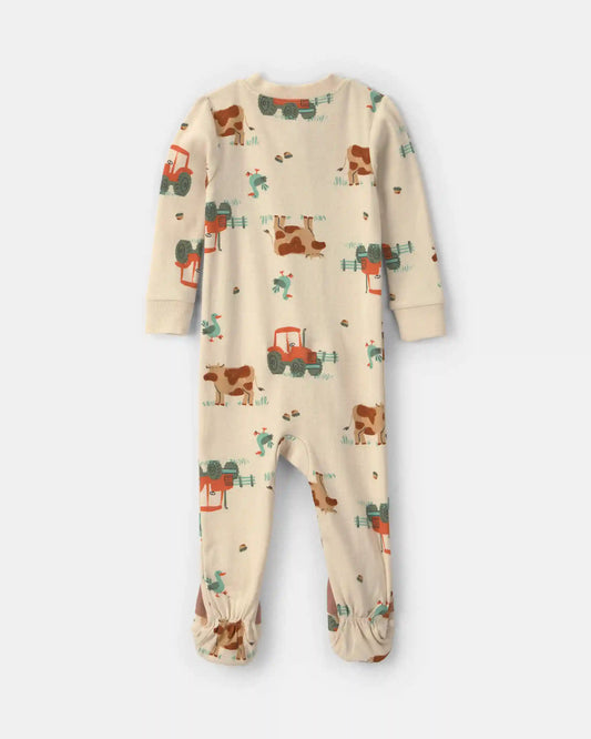 Toddler Boy 1-Piece Farm 100% Cotton Snug Fit Footed Pajama - Beige