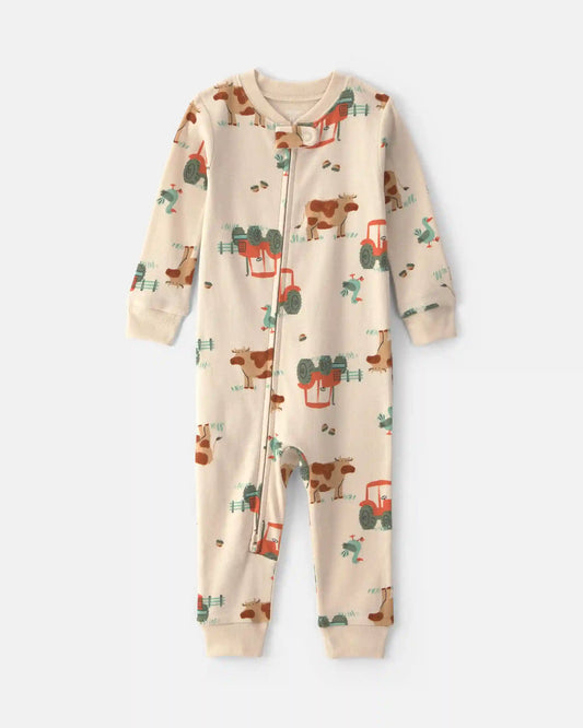 Toddler Boy 1-Piece Farm 100% Cotton Snug Fit Pajama - Beige