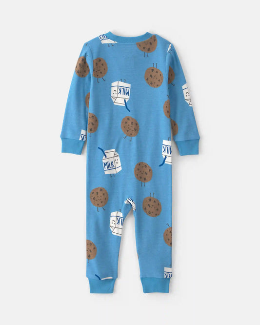 Toddler Boy 1-Piece Milk & Cookies 100% Cotton Snug Fit Pajama - Blue