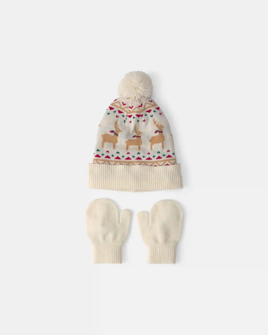 Toddler 2-Piece Fair Isle Christmas Beanie & Glove Set - Cream