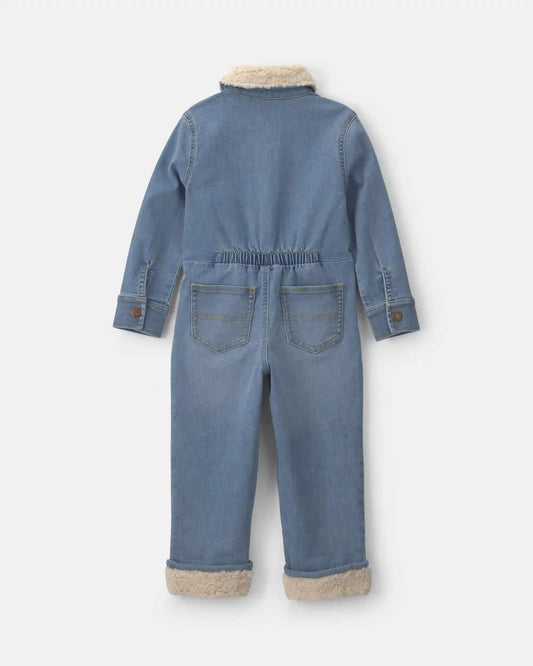 Toddler Boy Teddy Fleece Long-Sleeve Denim Jumpsuit - Medium Wash