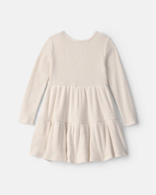 Toddler Girl Flower Ribbed Long-Sleeve Dress - Cream