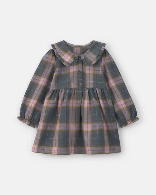 Toddler Girl Plaid Peter Pan Collar Long-Sleeve Dress - Grey/Pink