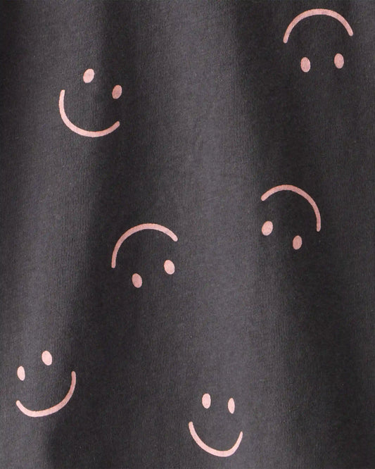 Girls Smiley Face Print Long-Sleeve Top - Black