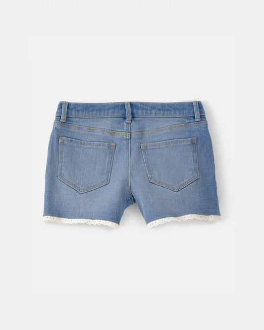 Girls Eyelet Trim Denim Shorts - Medium Wash