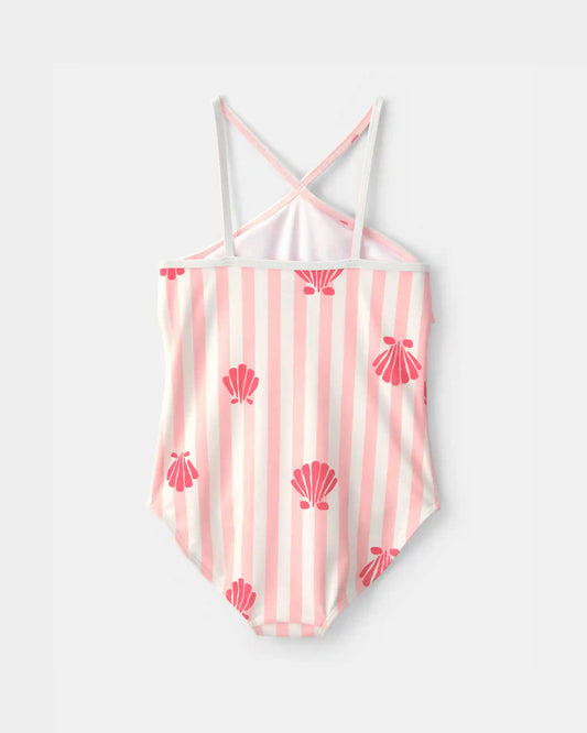 Girls 1-Piece Shell Striped Swimsuit - Pink
