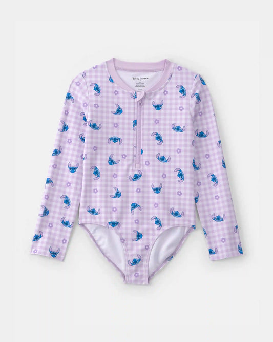 Girls Disney© Lilo & Stitch Gingham 1-Piece Rashguard Swimsuit - Purple/Blue