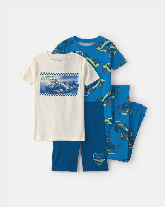 Boys Race Car 100% Cotton 4-Piece Pajama Set - Blue/White