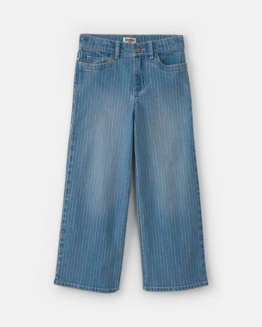 Girls Rainbow Stripe Cropped Wide-Leg Jeans - Medium Wash