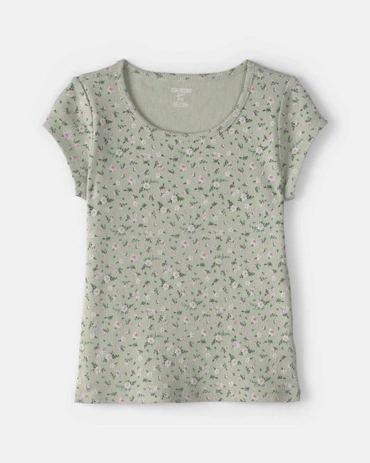 Girls Floral Ribbed Top - Green
