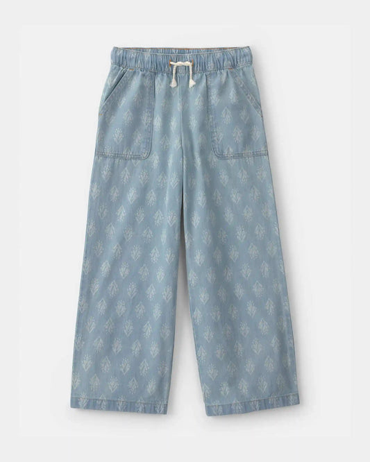 Girls Chambray Floral Pull-On Pants - Light Wash