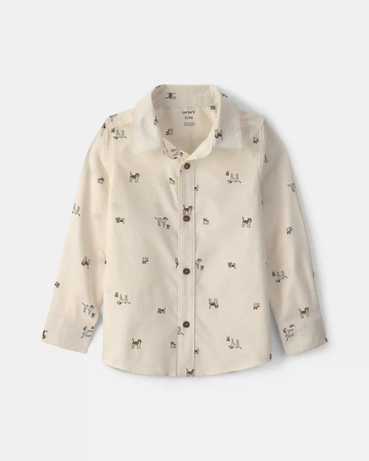 Boys Dog Long-Sleeve Button-Down Shirt - Cream