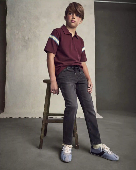 Boys Striped Polo Shirt - Burgundy/Blue/Cream