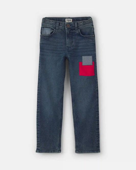 Boys Patched Denim Straight Jeans - Medium Wash