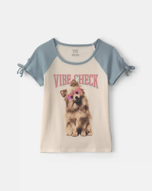 Girls 'Vibe Check' Dog Graphic Tee - Cream/Blue