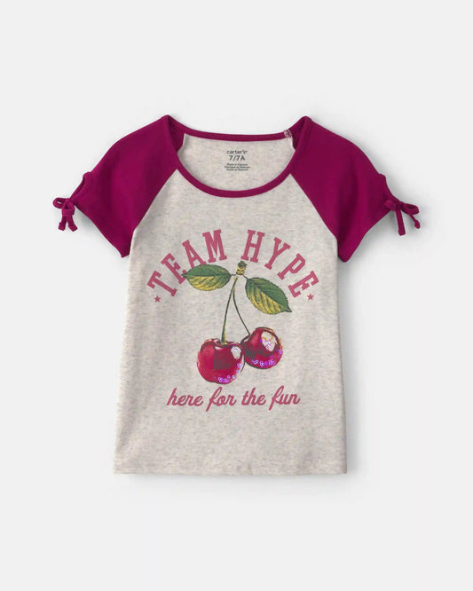 Girls 'Team Hype' Cherry Graphic Tee - Grey/Burgundy