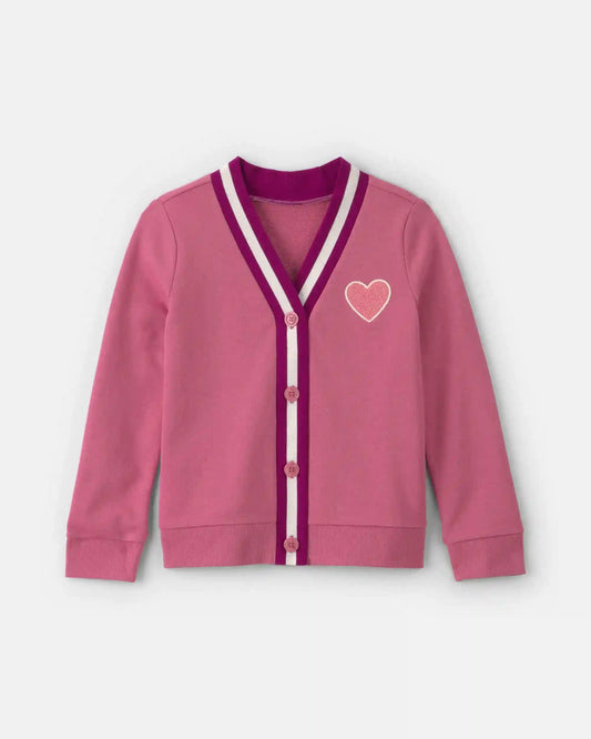 Girls Heart French Terry Cardigan Sweater - Pink