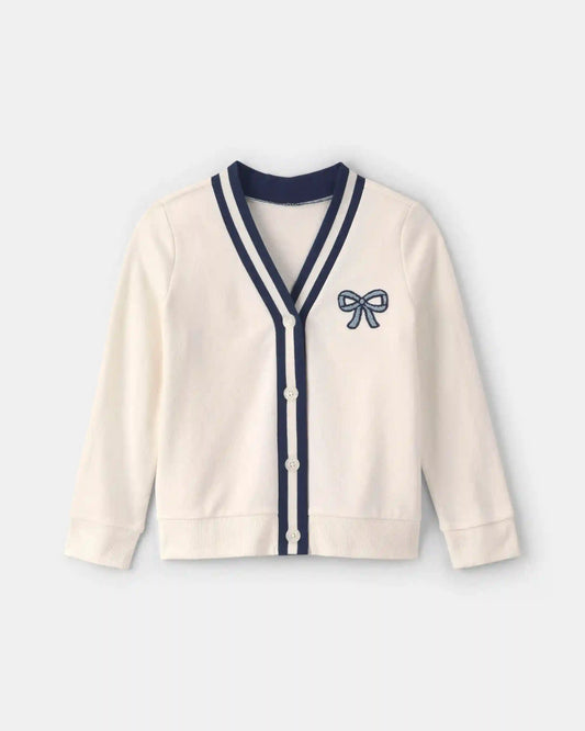 Girls Bow French Terry Cardigan Sweater - Cream