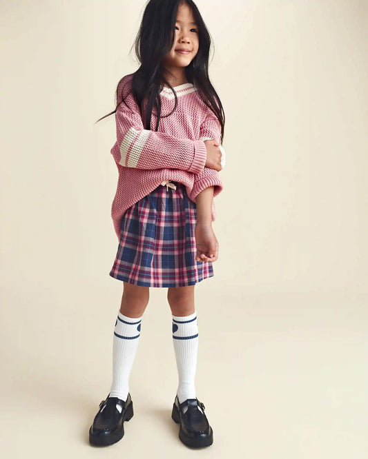 Girls Plaid Cotton Skort - Navy Blue/Pink