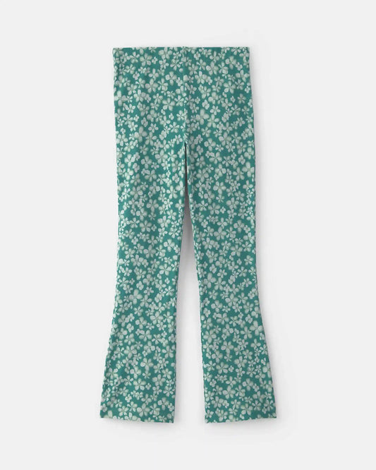 Girls Floral Cotton Pull-On Stretch Flare Leggings - Green
